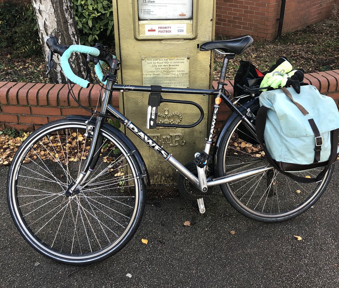Bike used by surgeon to cycle to work, showing panniers
