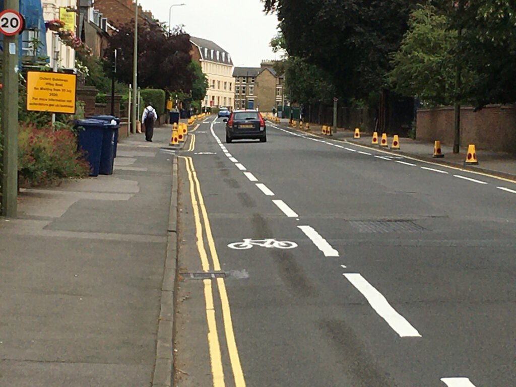 Iffley Road with double yellow lanes and a cycle lane newly painted