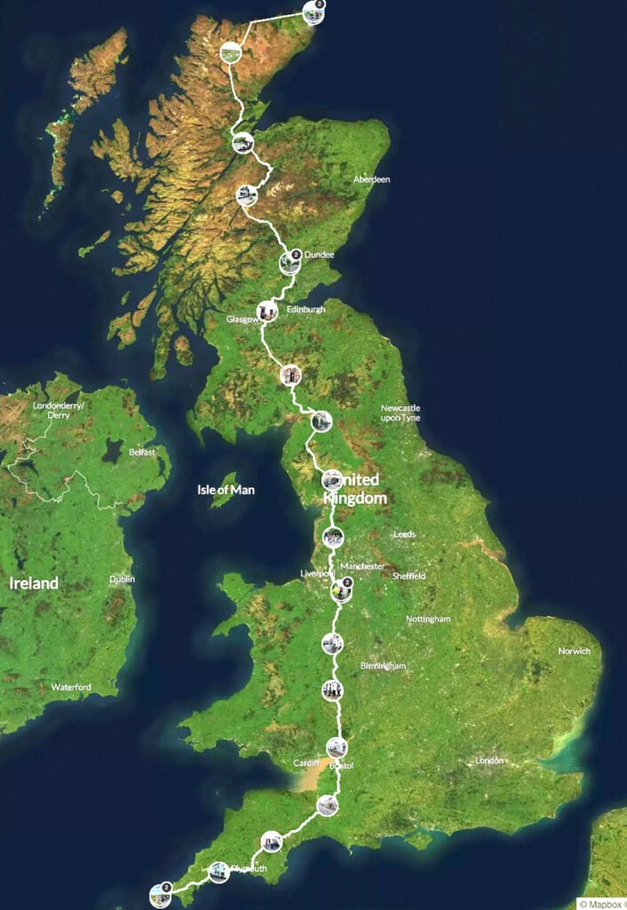 Map of Britain showing the route taken by cyclists from Land's End to John O'Groats