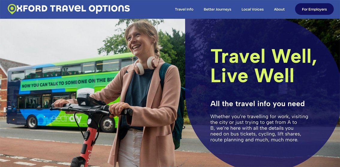Screenshot from Oxford Travel Options website showing young female cyclist and the words Travel Well, Live Well