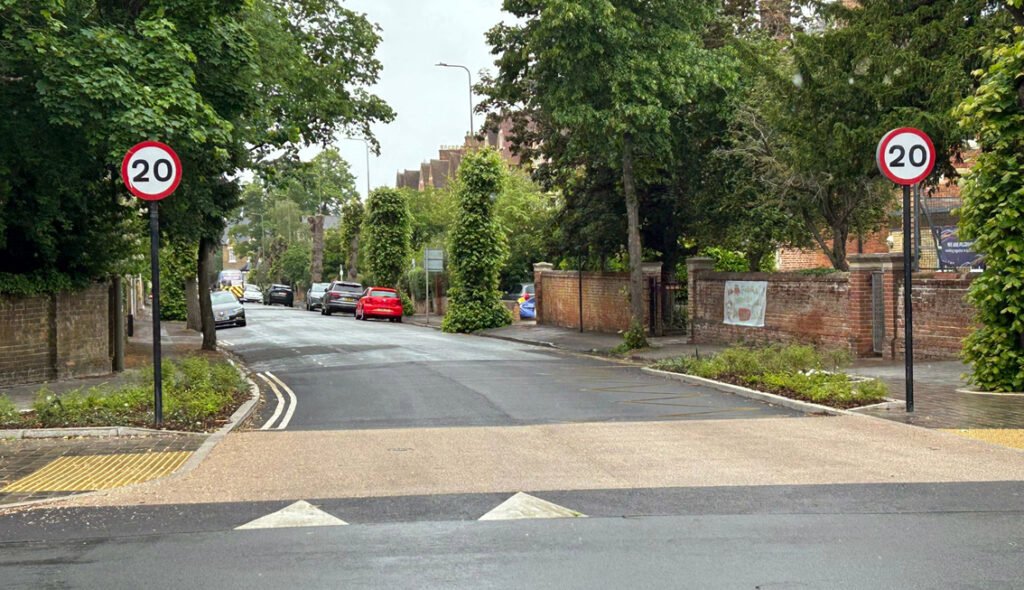 Entrance to side street in Oxford that has been narrowed to slow traffic